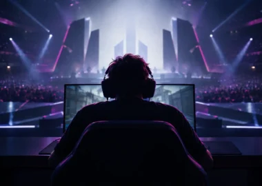 Anonymous esports competitor facing a violet-lit tournament stage during a tense lower-bracket comeback