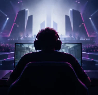 Anonymous esports competitor facing a violet-lit tournament stage during a tense lower-bracket comeback