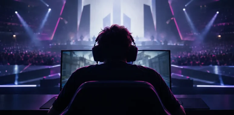 Anonymous esports competitor facing a violet-lit tournament stage during a tense lower-bracket comeback