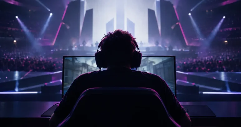 Anonymous esports competitor facing a violet-lit tournament stage during a tense lower-bracket comeback