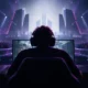 Anonymous esports competitor facing a violet-lit tournament stage during a tense lower-bracket comeback