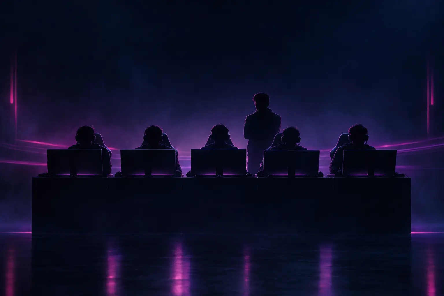 Lista de cinco jogadores de esportes eletrônicos reunida em estações de jogos para o retorno do Dota 2 do Team Tidebound