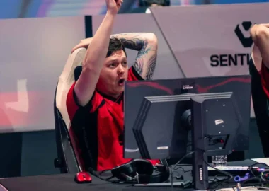 A player for Team Sentinels celebrating at an Esports World Cup event.
