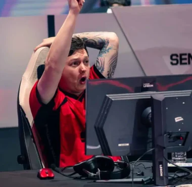 A player for Team Sentinels celebrating at an Esports World Cup event.