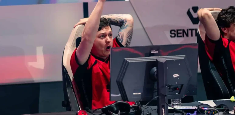 A player for Team Sentinels celebrating at an Esports World Cup event.