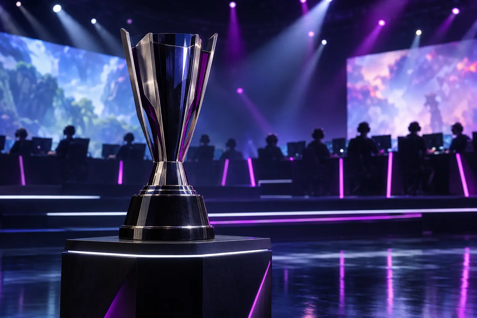 Troféu de campeonato em um palco de esportes eletrônicos com competidores do ensino médio ao fundo