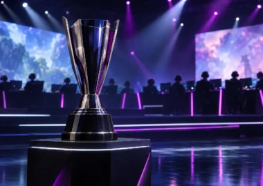 Championship trophy on an esports stage with high school competitors in the background