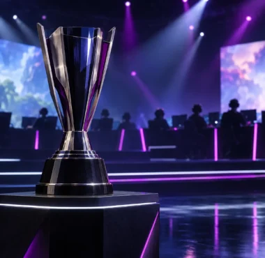 Championship trophy on an esports stage with high school competitors in the background
