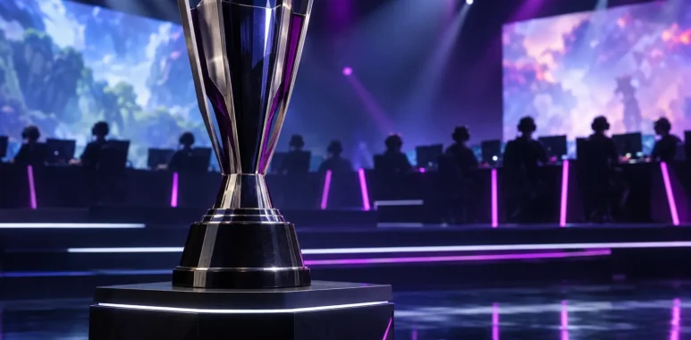 Championship trophy on an esports stage with high school competitors in the background