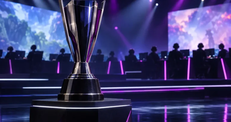 Championship trophy on an esports stage with high school competitors in the background