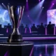 Championship trophy on an esports stage with high school competitors in the background