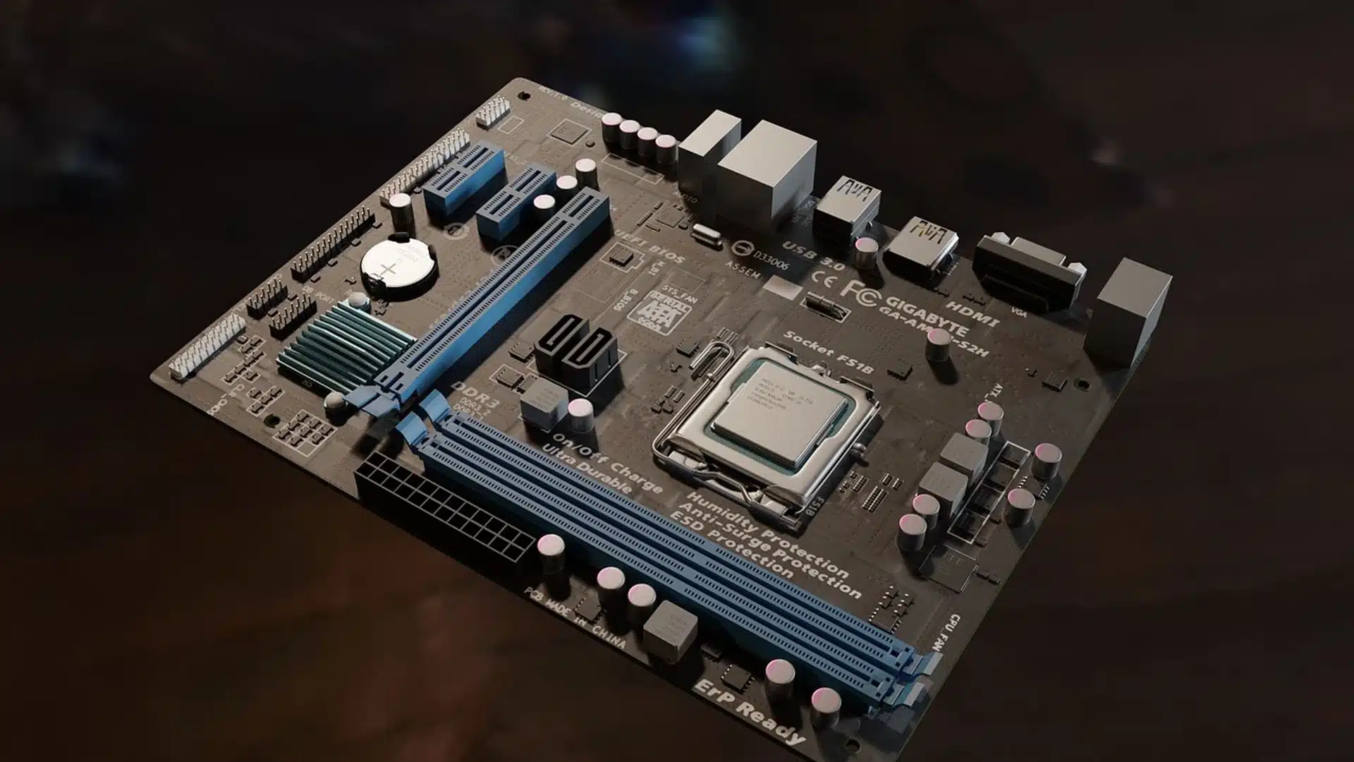 Uma placa-mãe de computador com uma CPU instalada