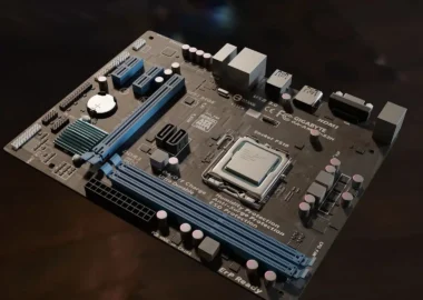 A computer motherboard with a CPU installed