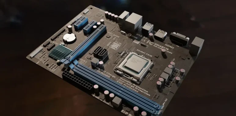 A computer motherboard with a CPU installed
