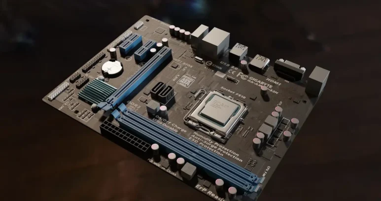 A computer motherboard with a CPU installed