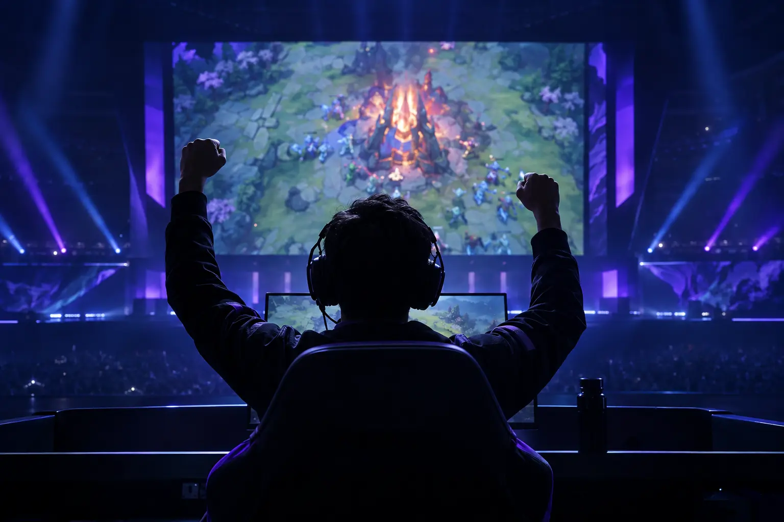 Jogador de esports sem rosto comemorando a vitória na grande final do Dota 2 sob luzes violetas da arena