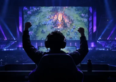Faceless esports player celebrating a Dota 2 grand final victory under violet arena lights