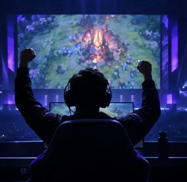 Faceless esports player celebrating a Dota 2 grand final victory under violet arena lights
