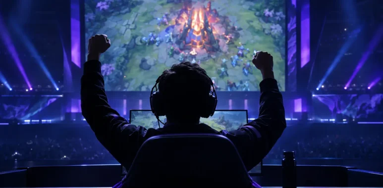 Faceless esports player celebrating a Dota 2 grand final victory under violet arena lights