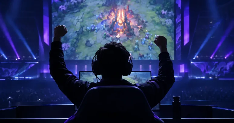 Faceless esports player celebrating a Dota 2 grand final victory under violet arena lights