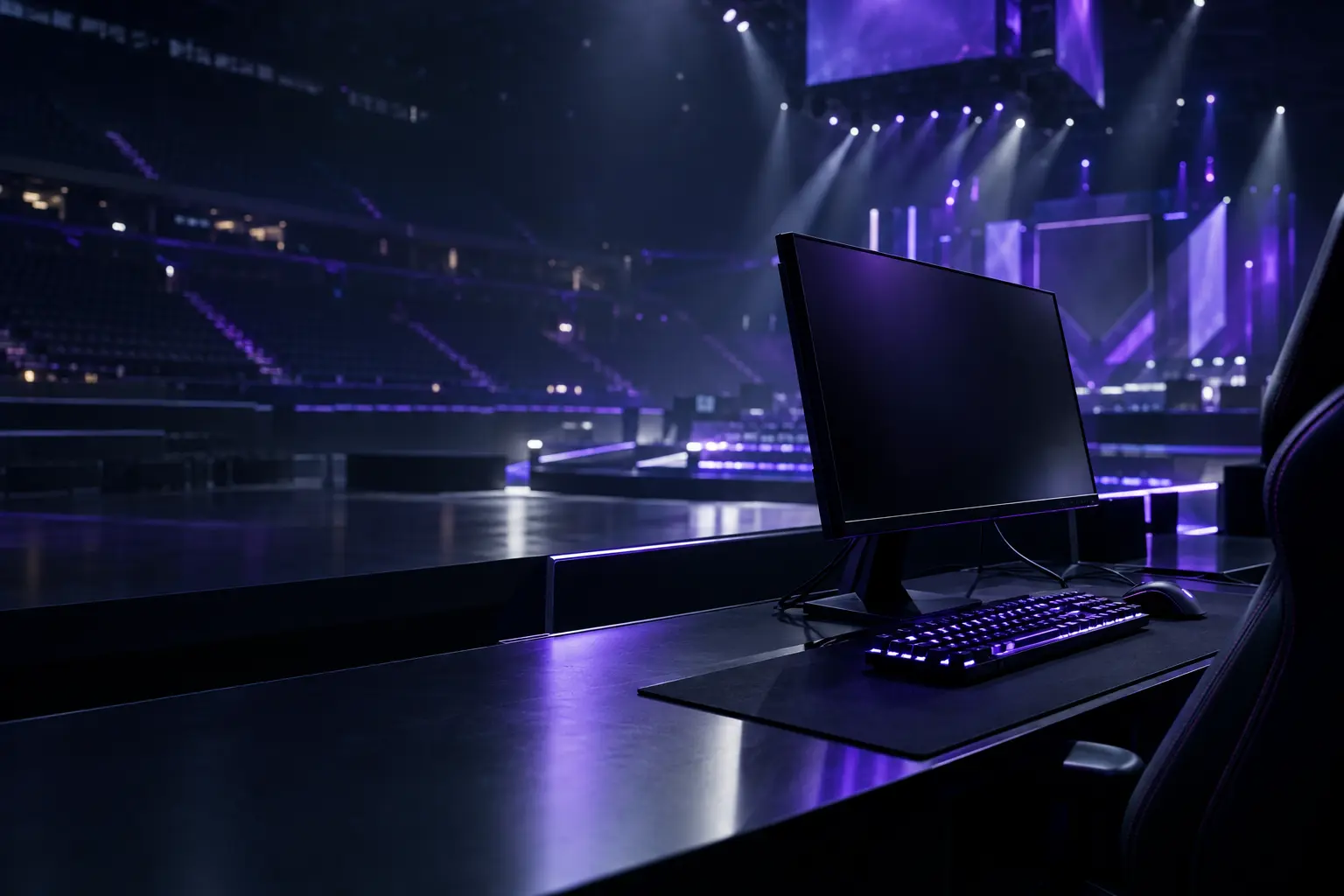 Palco LAN vazio do Counter-Strike simbolizando a corrida de qualificação principal do Wildcard