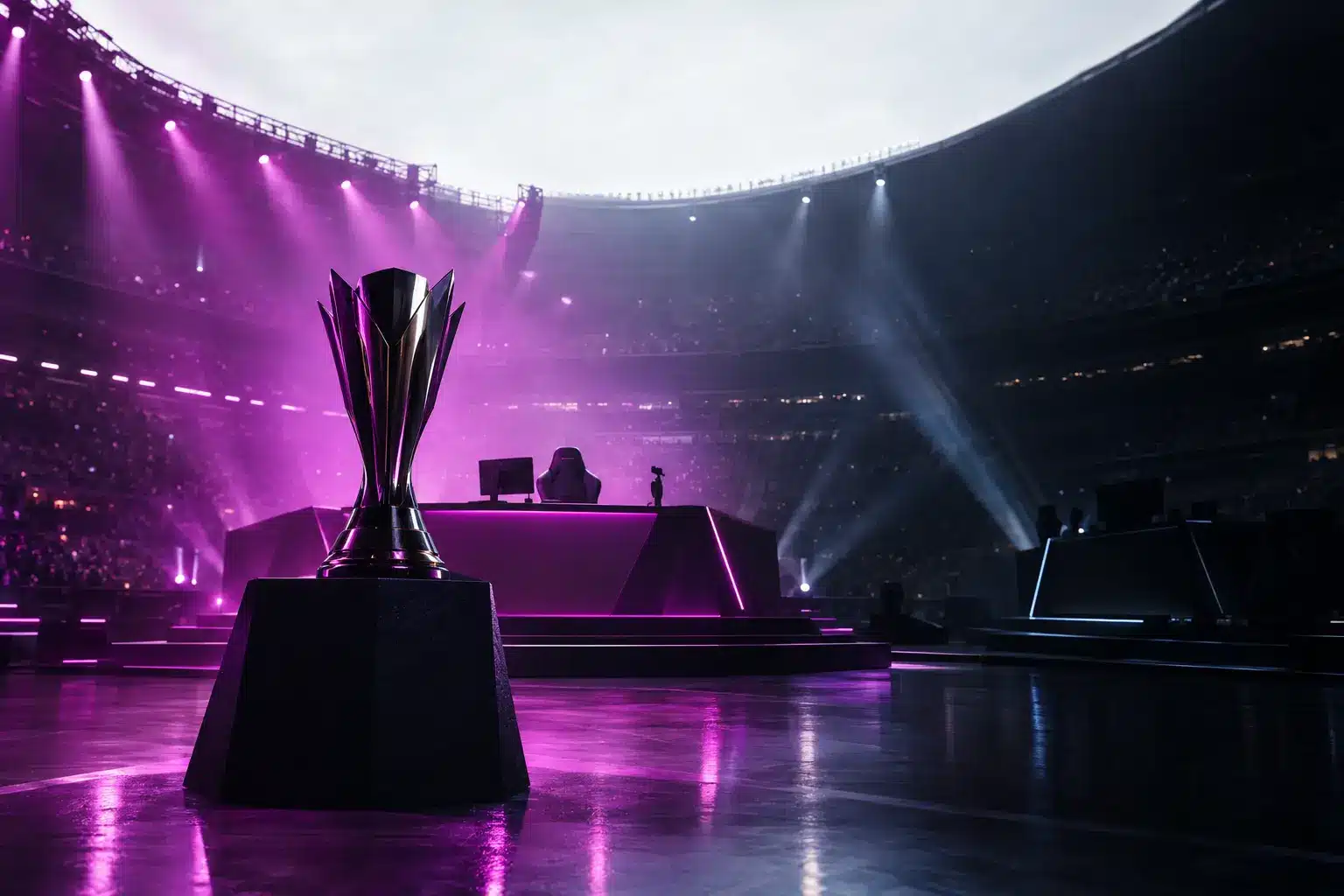 Palco do torneio de e-sports iluminado em violeta após um retorno decisivo nos playoffs