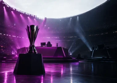 Esports tournament stage lit in violet after a decisive playoff comeback