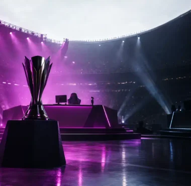 Esports tournament stage lit in violet after a decisive playoff comeback