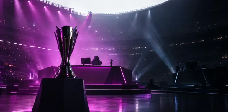 Esports tournament stage lit in violet after a decisive playoff comeback