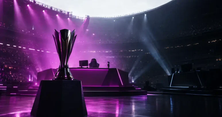 Esports tournament stage lit in violet after a decisive playoff comeback
